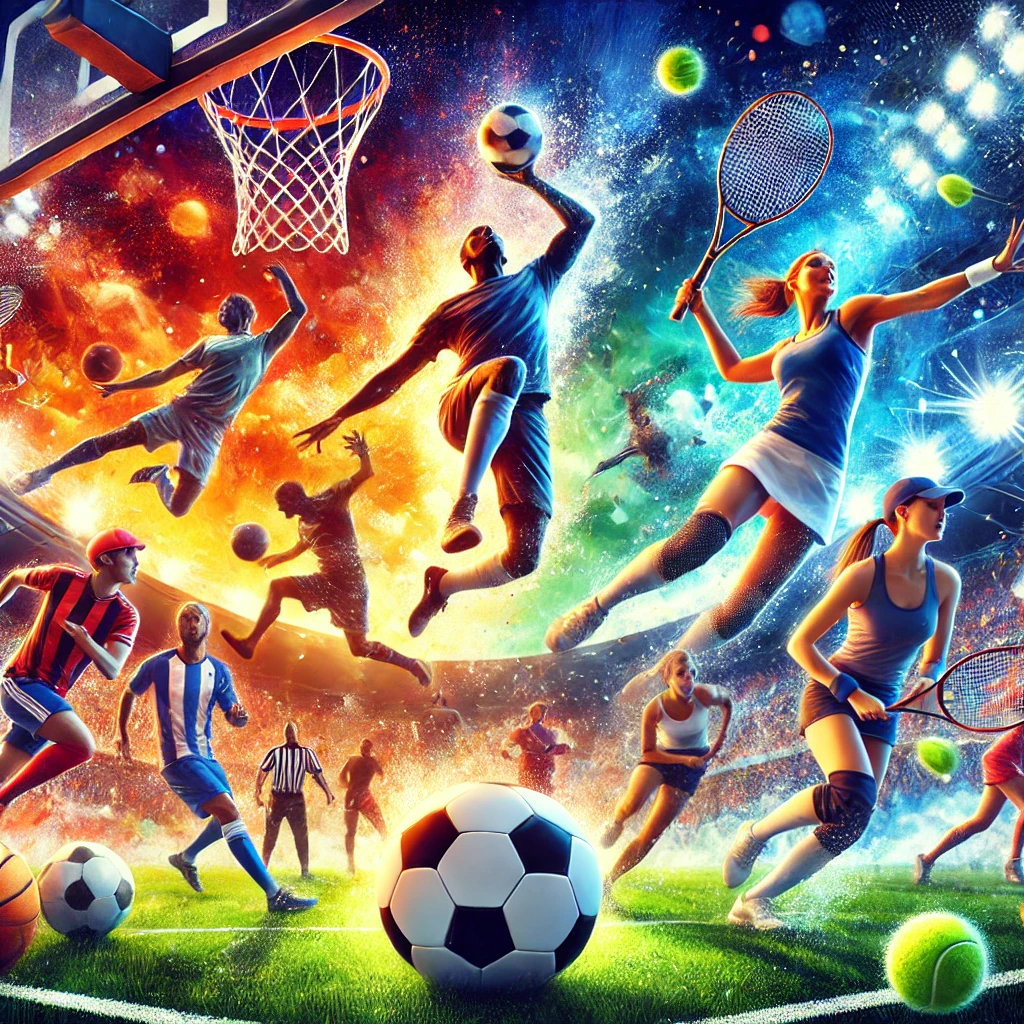 DALL·E 2025-03-05 14.35.16 - A dynamic and vibrant digital painting showcasing various sports, including soccer, basketball, and tennis. The scene is filled with energy, with athl