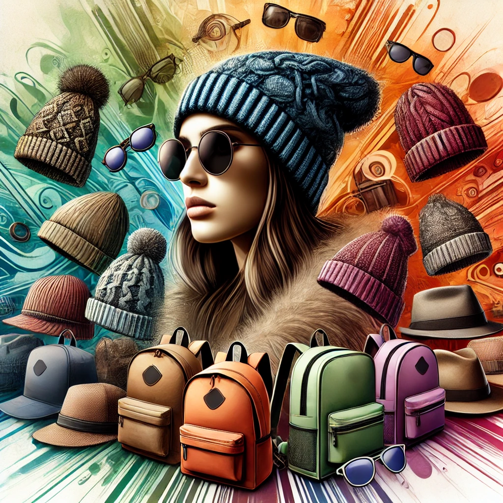 DALL·E 2025-03-05 14.59.31 - A dynamic and vibrant digital painting focusing on fashion accessories, including beanies, caps, hats, backpacks, sunglasses, and seasonal products fo